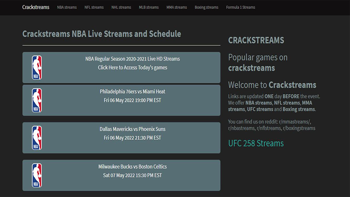 Crackstreams - Stream Live Free Matches of NBA, UFC, MMA & Boxing